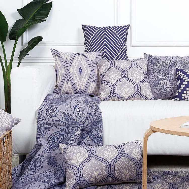 Винтажные декоративные подушки Наволочки синие геометрические чехлы на для дома