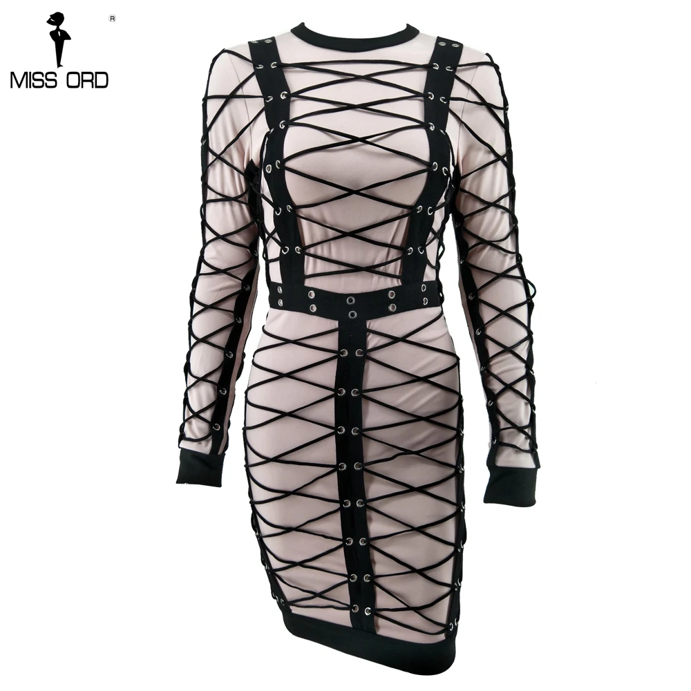 Missord 2020 Sexy Women New O Neck Long Sleeve Cross Bandage Elegant Mini Party Dress MQ8788 | Женская одежда
