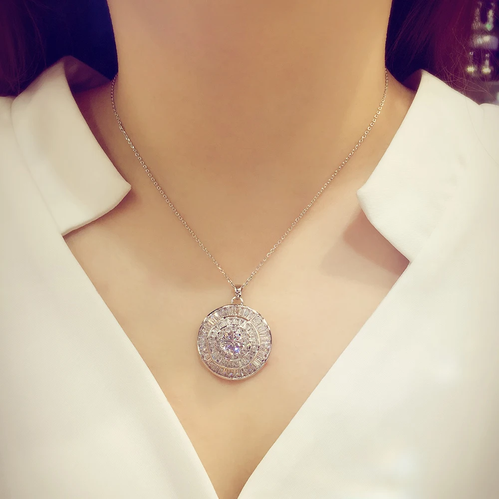 

brand new white gold color Cubic zircon micro paved flowers sparkling round pendant necklace women luxury jewelry