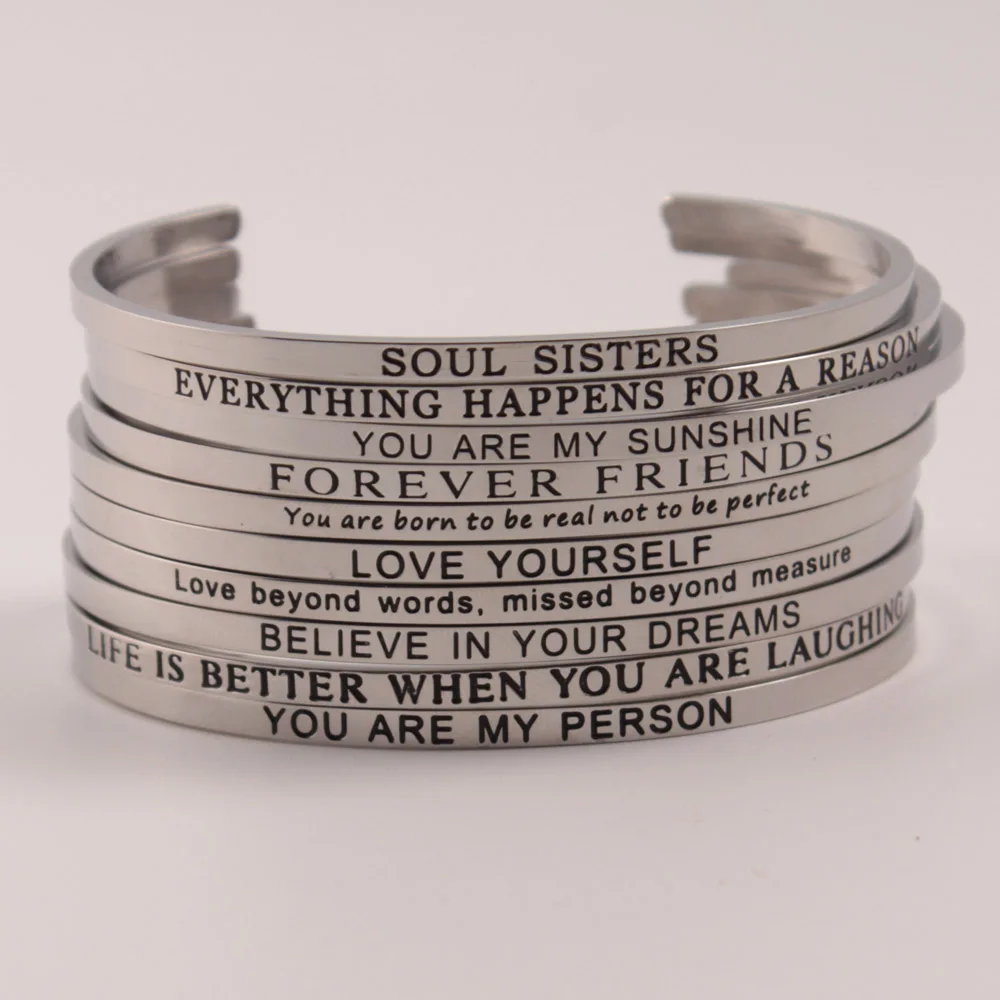 

Simple Fashion 316L Stainless Steel Bangle Engraved Positive Inspirational Quote Cuff bracelet Mantra Bracelet for Women