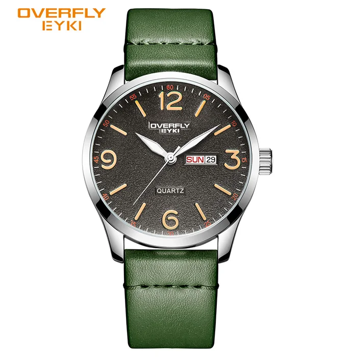 green watch Бренд EYKI, мужские спортивные часы с календарем, мужские часы из кожи ПУ, светящиеся наручные часы с указателем, водонепроницаемые часы, мужские часы - Цвет: green watch