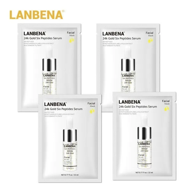 24K gold 4pcs Lanbena маски для лица Гиалуроновая Кислота Витамин С Сыворотка черника лист маска увлажняющая отбеливающая Омолаживающая вода уход за кожей - Цвет: 24K gold 4pcs
