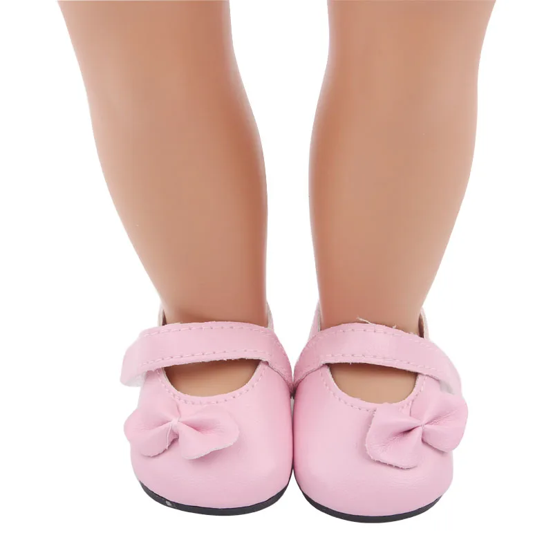 

18 inch Girls doll shoes Pink bow shoes princess dress shoes PU American newborn shoe Baby toys fit 43 cm baby dolls s28