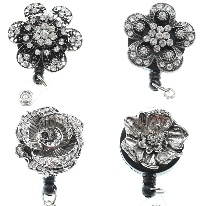 

DIY Retro Vintage rhinestone flower Retractable ID Badge Key Card Name Holder Reel with Belt Clip
