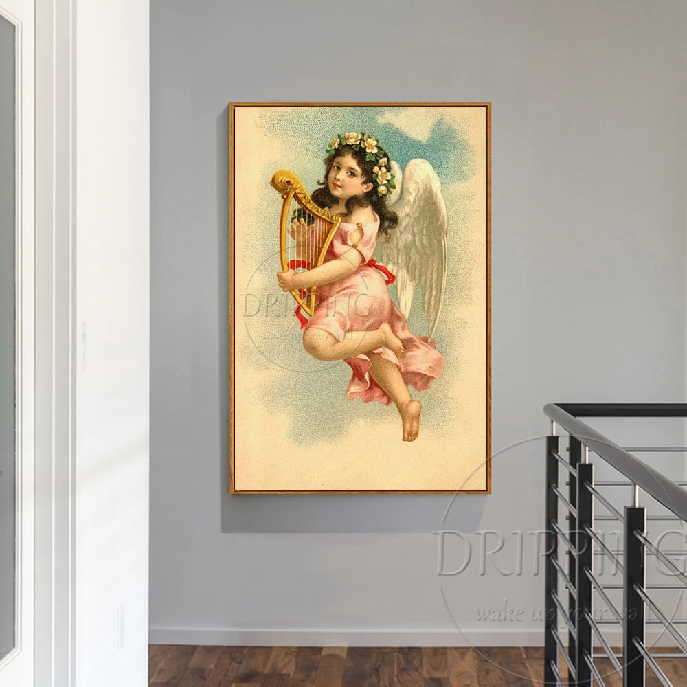 Luxury Artwork Hand-painted High Quality Vintage Religious Angel Oil Painting on Canvas Wall for Living Room |