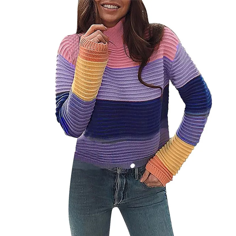 Womens Patchwork Roll Neck Jumper Sweater Lazy Turtleneck Chunky Knit Pullovers sueter cuello alto mujer invierno J30 | Женская одежда