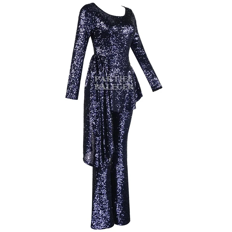 2019 Hot New Arrival Purple Jumpsuit Elegant Ruffles Design Sequins Embellished Long Sleeves O Neck Celebrity Party | Женская одежда