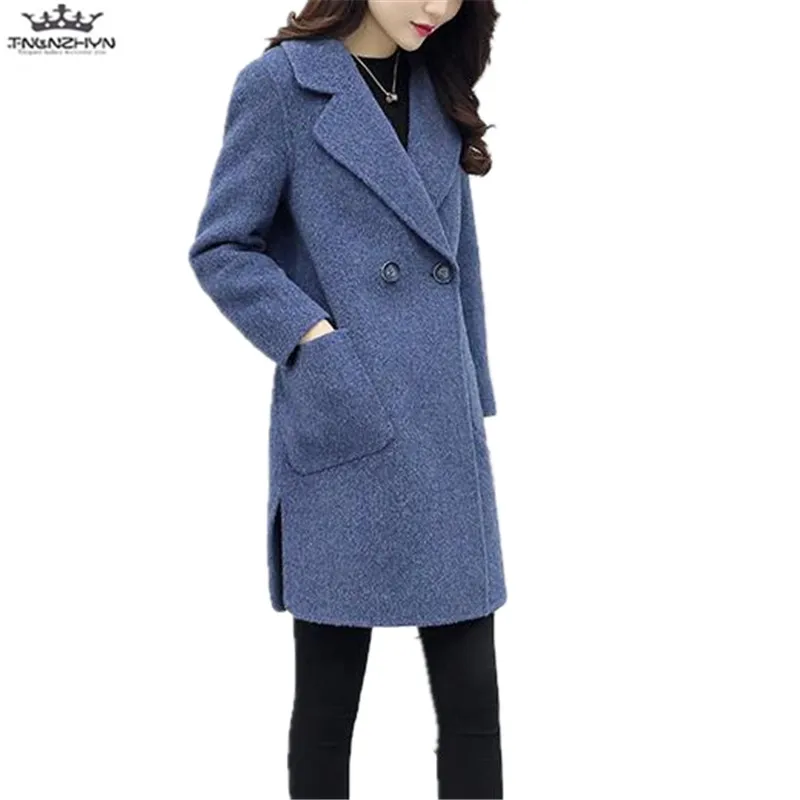 

tnlnzhyn 2019 Spring Autumn Women Medium long Woolen Coat Women Casual Long Sleeve Double breasted Woolen Coat Loose Coats Y1016
