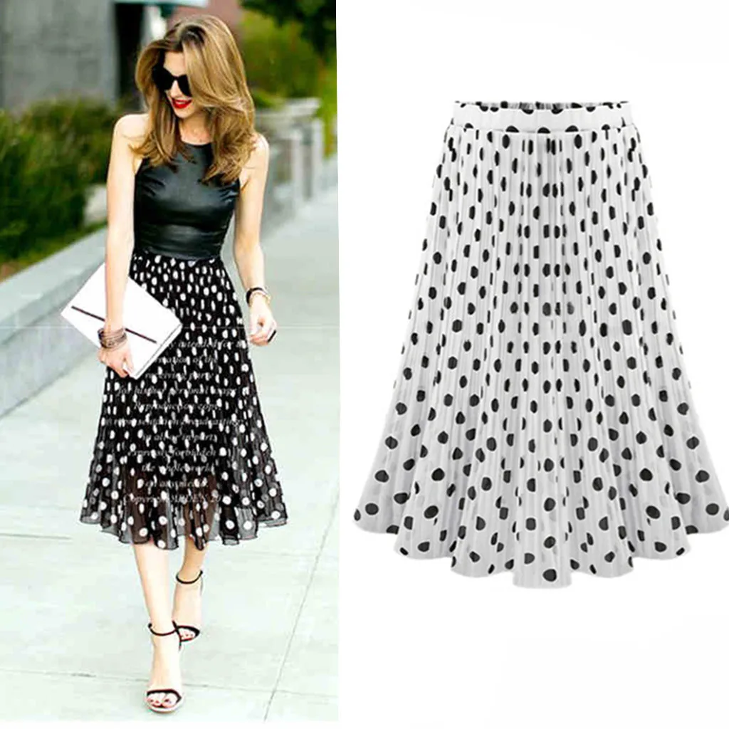 Summer Autumn Skirts 2020 Womens Polka Dot Pleated High Waist Midi Skirt Flared Skater Swing Holiday Long 25 | Женская одежда
