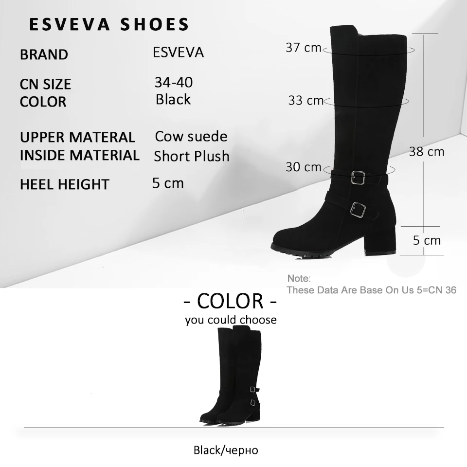 

ESVEVA 2019 Shoes Women Knee-high Boots Square Heels Buckle Round Toe Autumn Motorcycle Boots Zipper High Heels Shoes Size 34-40