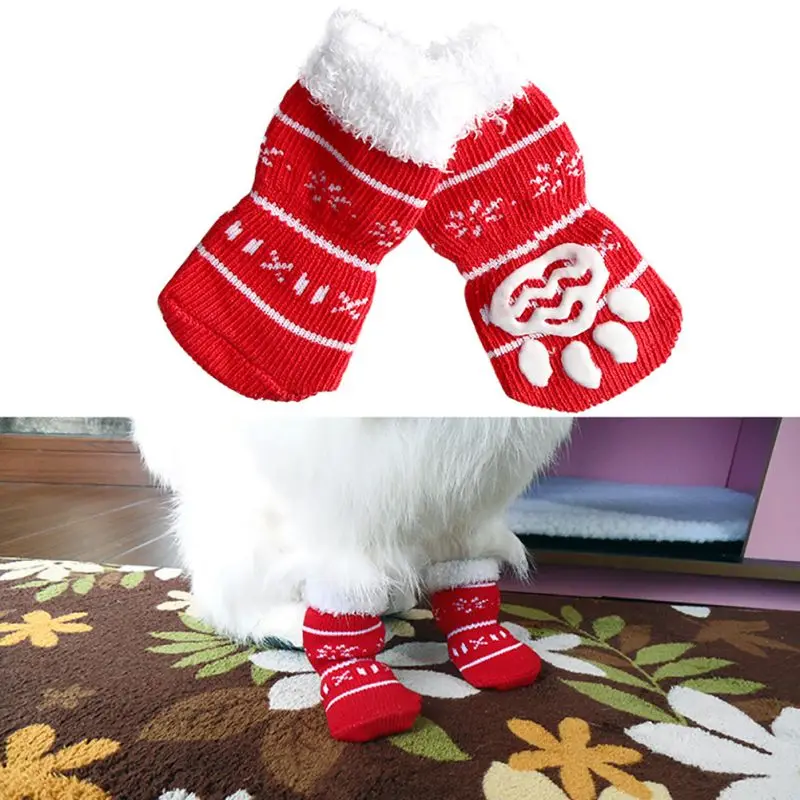 

7 Styles 4pcs Pet Dog Knit Socks Pattern Printed Non-slip Cotton Socks Paws Cover Warm Shoes S M L XL