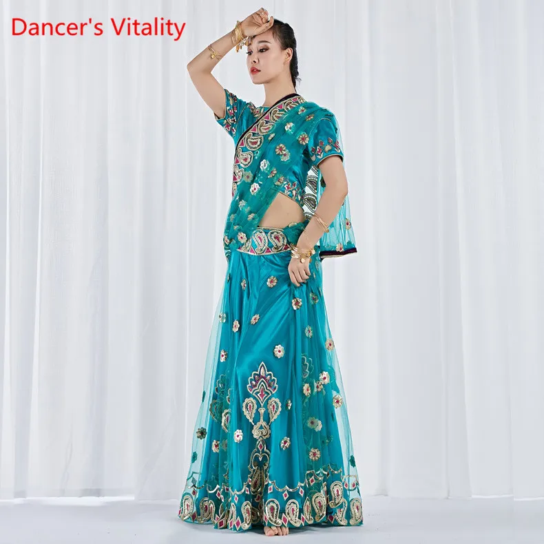 Clothes For Dancing, Stage Costume Belly Dancing Clothes Indian Dance Costume Bollywood 3 Pieces Set(Top, Skirt And Sari