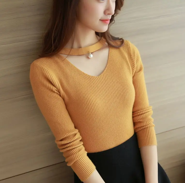 New winter sweater bottoming openwork beaded wild female short paragraph hedging long-sleeved shirt | Женская одежда