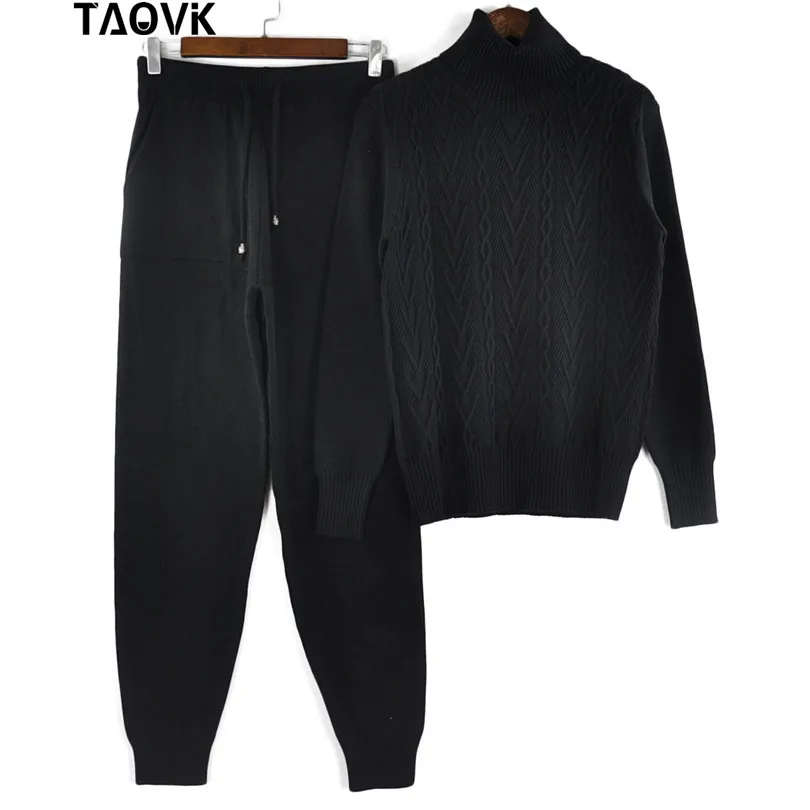 Black TAOVK женские трикотажные костюмы с высоким воротником комплект из двух предметов топ и брюки женский гимнастический вязаный костюм женский комплект из двух предметов - Цвет: Black