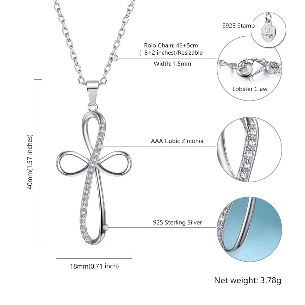 

Kpop Simple Cross Pendant Necklace 925 Sterling Silver Cubic Zirconia Christian Infinity Necklace Gifts for Women P6005