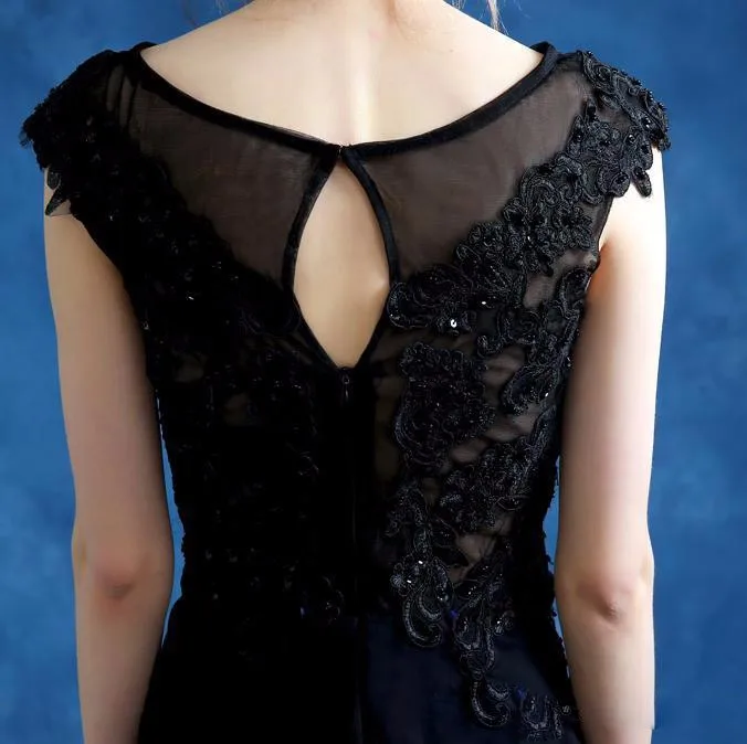 2016 line Бато Cap Рукавом Аппликация vestido де феста лонго Вечернее Платье Черный