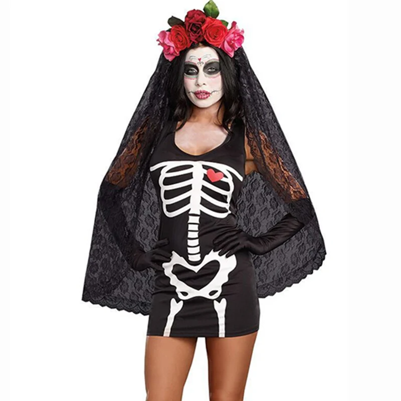 Новый вампира призрак невесты Одежда для ролевых игр с рисунком черепа