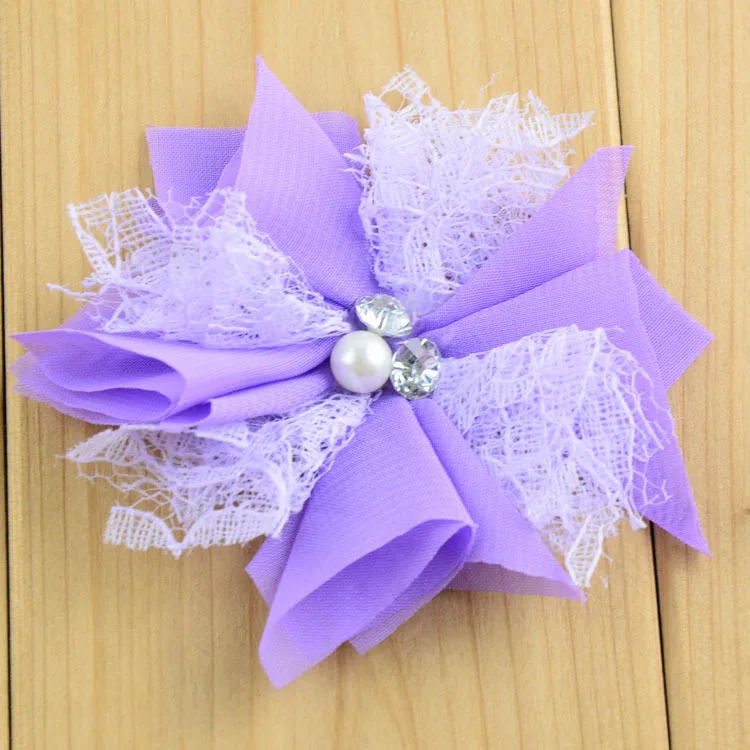 16 шт./лот кружевные и шифоновые цветы для девочек волос со стразами жемчужный