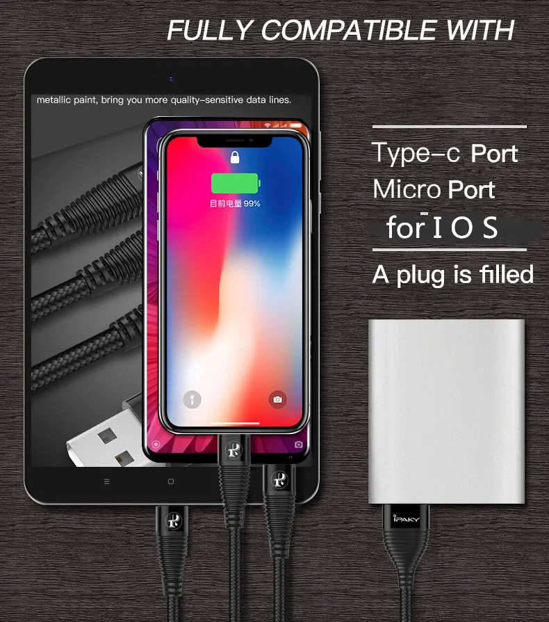 IPAKY USB кабель 3 в 1 быстрая зарядка usb-шнур синхронизации данных usb type C кабель для huawei mate 20 P30 для iPhone samsung Xiaomi