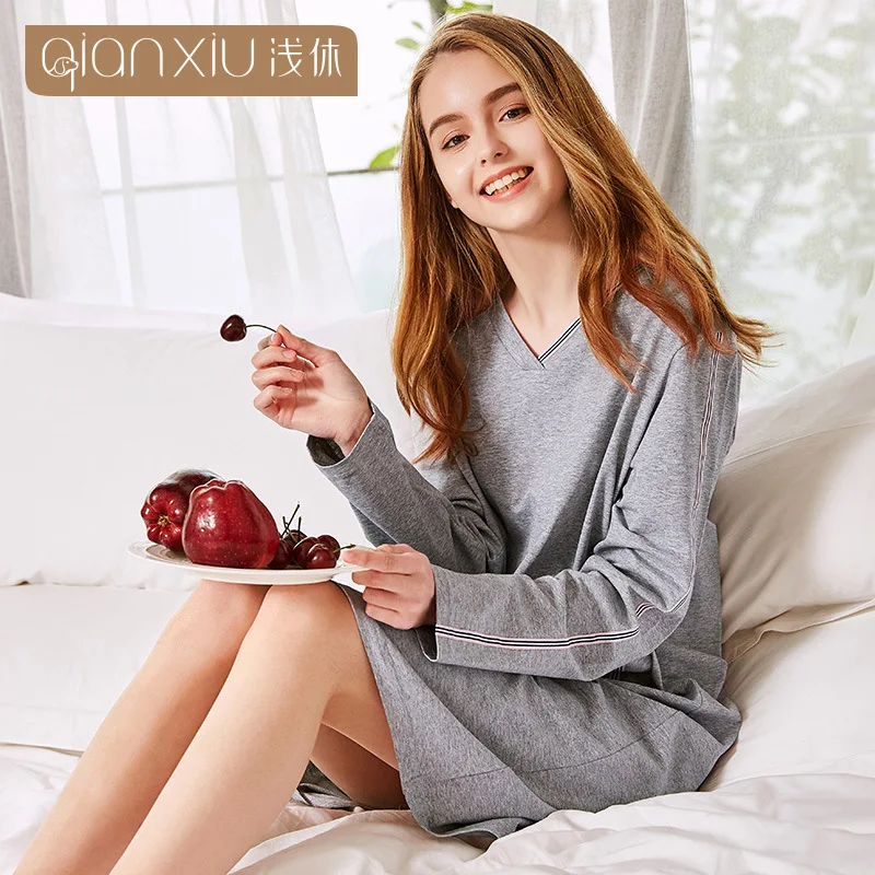 

Qianxiu Women Nightgowns &Sleepshirts Solid Color v-Neck Long Sleeve Night Dress Woman Leisure Nightdress Homewear