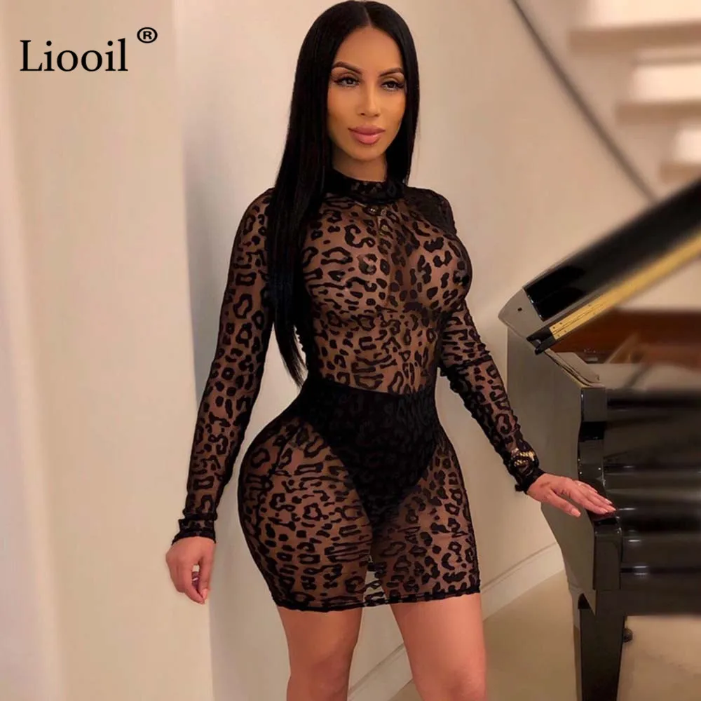Черный Liooil, сексуальное, черное, кружевное, прозрачное, мини, облегающее платье, сексуальная клубная одежда,, с длинным рукавом, просвечивают, обтягивающие платья, женские, вечерние, ночные - Цвет: Черный