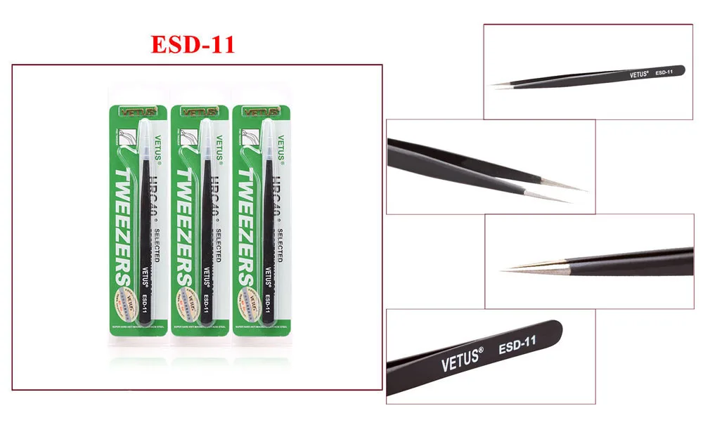 ESD-11 Профессиональные пинцеты VETUS ESD серии из нержавеющей стали для наращивания ресниц пинцеты антистатические кончики изогнутые пинцеты для ресниц бровей - Цвет: ESD-11