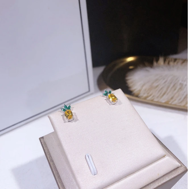 Женские серьги с настоящим ананасом 5А циркон CZ Стерлинговое Серебро 925 пробы