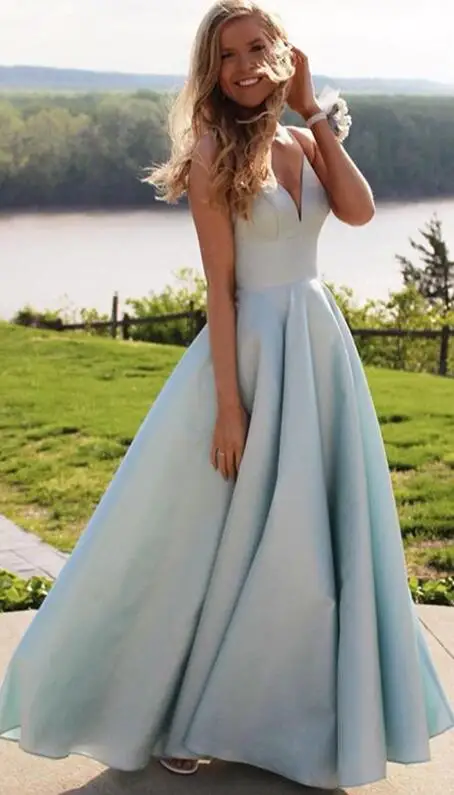 Picture Color Vestidos De Graduacion простое небесно-голубое атласное платье с v-образным вырезом Vestido Formatura длинное вечернее платье для выпускного вечера - Цвет: Picture Color