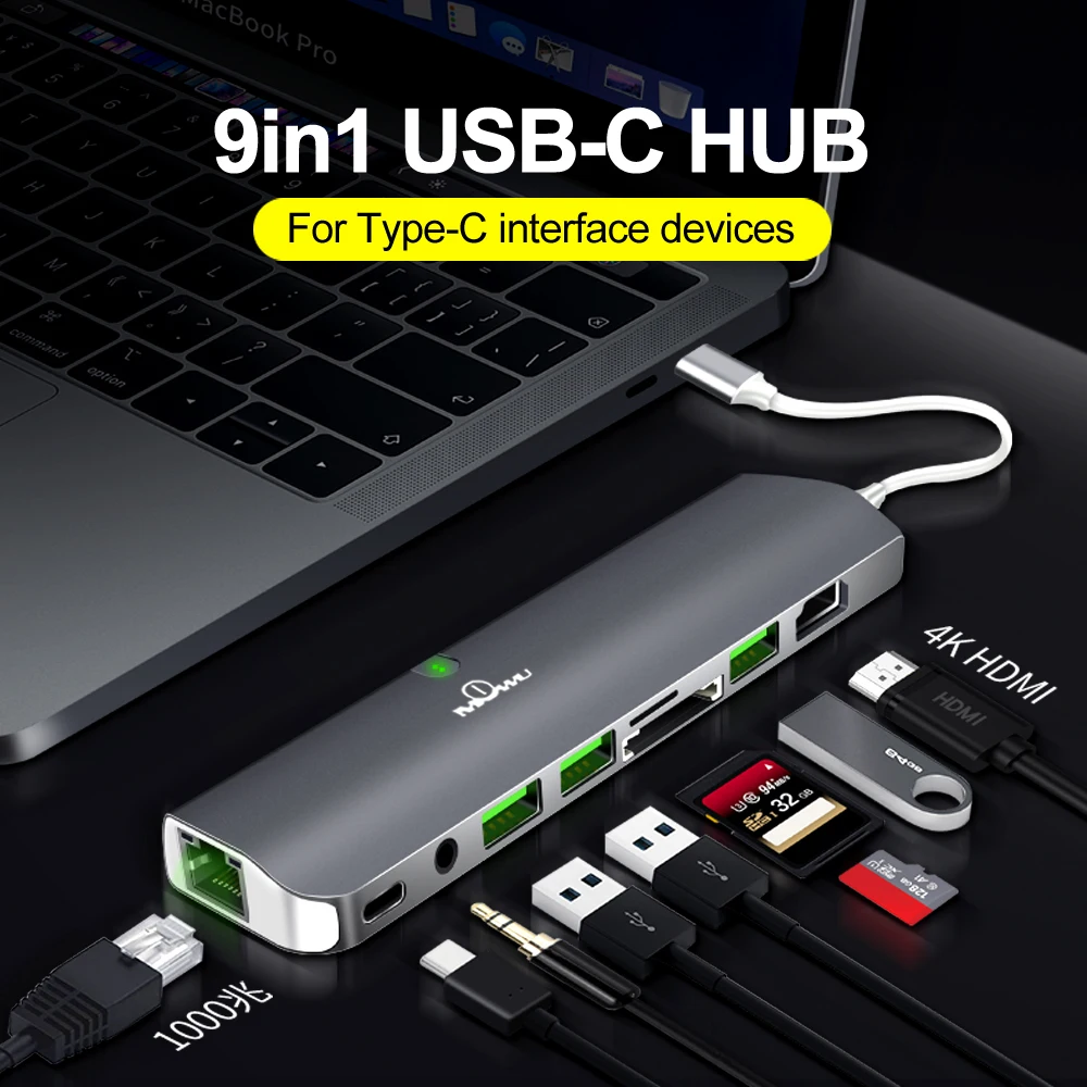 Адаптер для USB TYPE C Thunderbolt 3 9 в 1 с HDMI 4k PD 0 кардридер SD TF карт MacBook Pro Air 13 15|USB-хабы| |