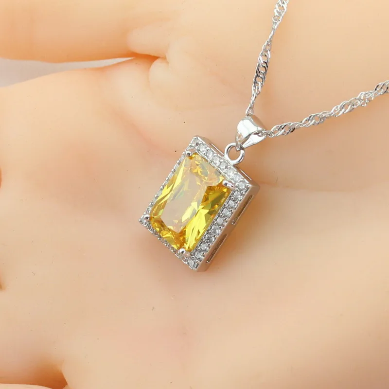 Серебро 925, ювелирные наборы для женщин, квадратный желтый кубический цирконий, ожерелье, подвеска, серьги, кольцо, браслет, подарочная коробка WPAITKYS