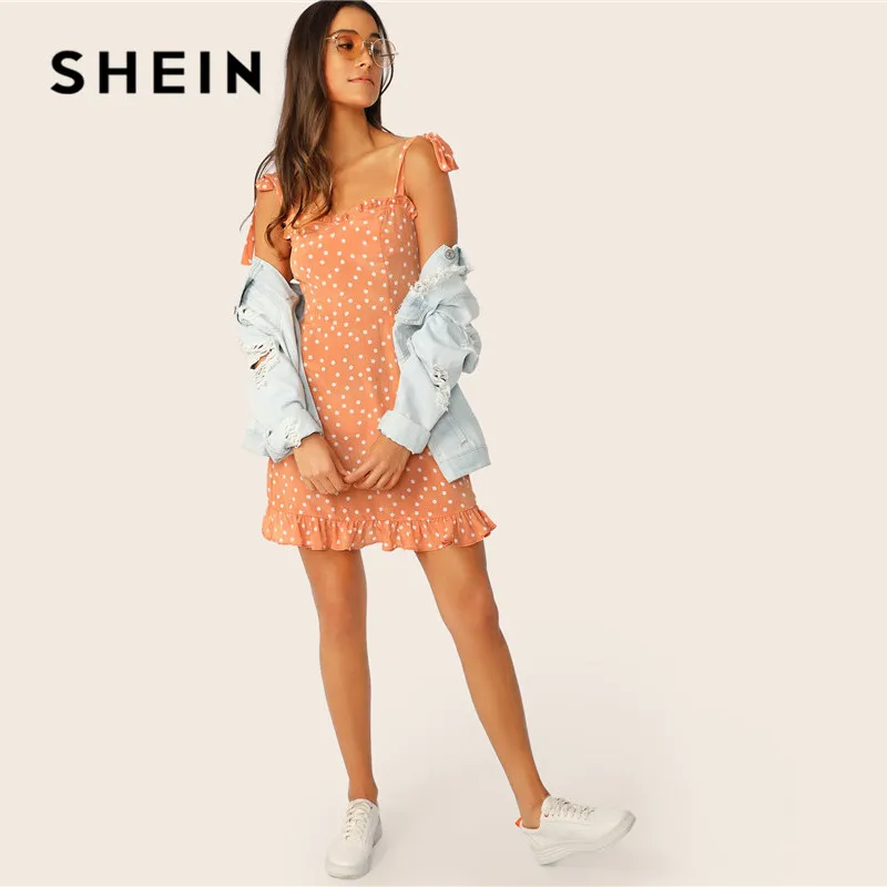 SHEIN летнее платье в горошек с завязками на плечах и оборкой, женское мини-платье без рукавов в стиле бохо для отпуска, приталенное облегающее платье с высокой талией