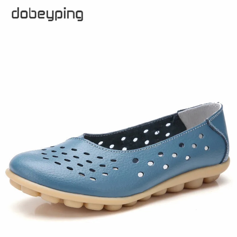 LightBlue Dobeyping/Женская обувь из натуральной кожи на плоской подошве; Новая Летняя обувь с вырезами; женские лоферы на полой подошве; женская однотонная обувь; большие размеры 35-44 - Цвет: LightBlue