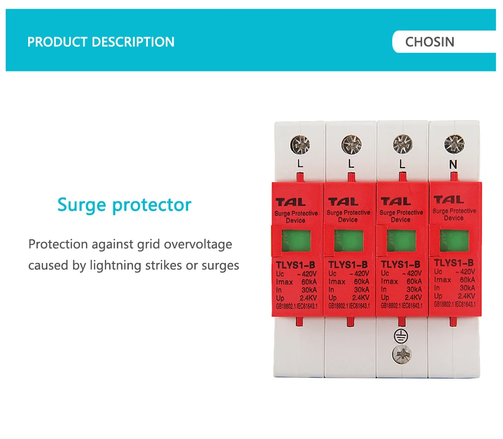 Защита от перенапряжения B60-4P 30KA~ 60KA 275 V 385 V 420 V AC Spd House защитное Низковольтное предохранительное устройство 3 P+ N защита от молнии