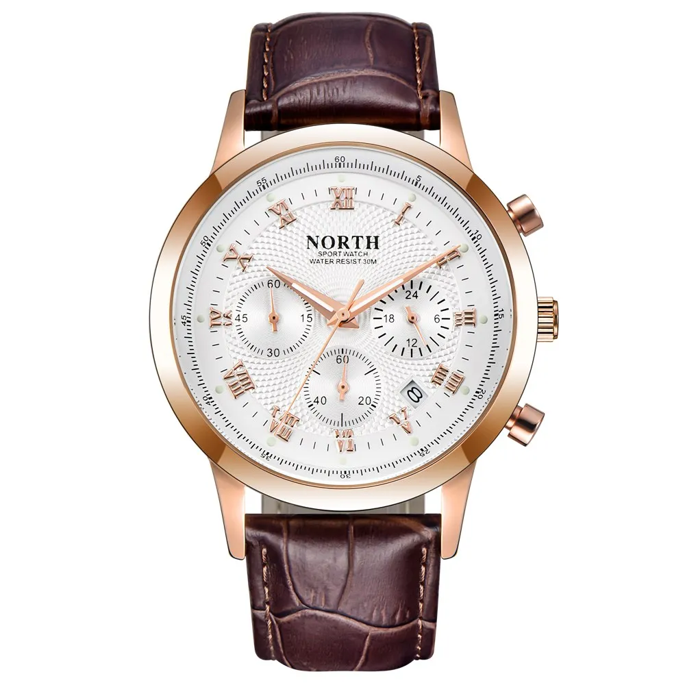 Rose Gold White NORTH мужские часы роскошные золотые часы из натуральной кожи с календарем Chrono водонепроницаемые мужские часы кварцевые наручные часы повседневные часы в подарок - Цвет: Rose Gold White