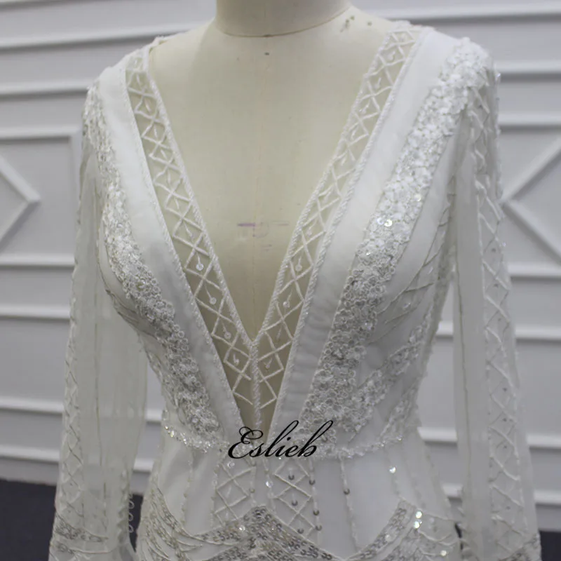 Eslieb Custom made Mermaid Wedding dresses V-NECK Beads wedding dress 2019 Long Sleeves Bridal Dresses Vestido de Noiva | Свадьбы и