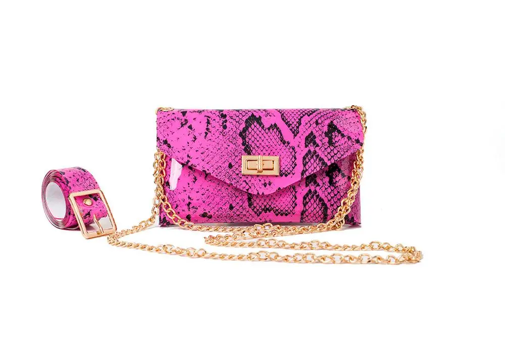 Ярко-розовый Neon Green Fashion Snake Print Belt Bag Women Serpentine PU Leather Waist Bags Female Fanny Pack - Цвет: Ярко-розовый