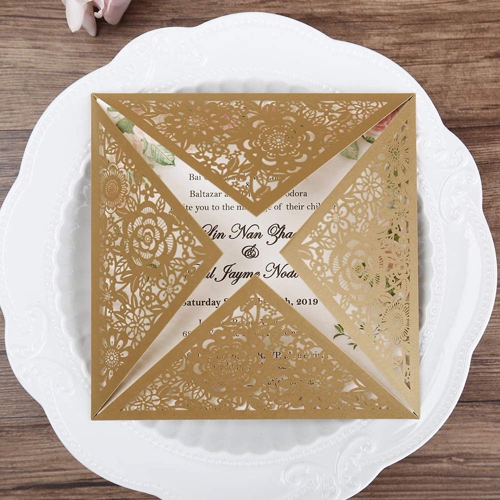 Золотой Элегантное Свадебное приглашение лазерной резки кружева свадебные