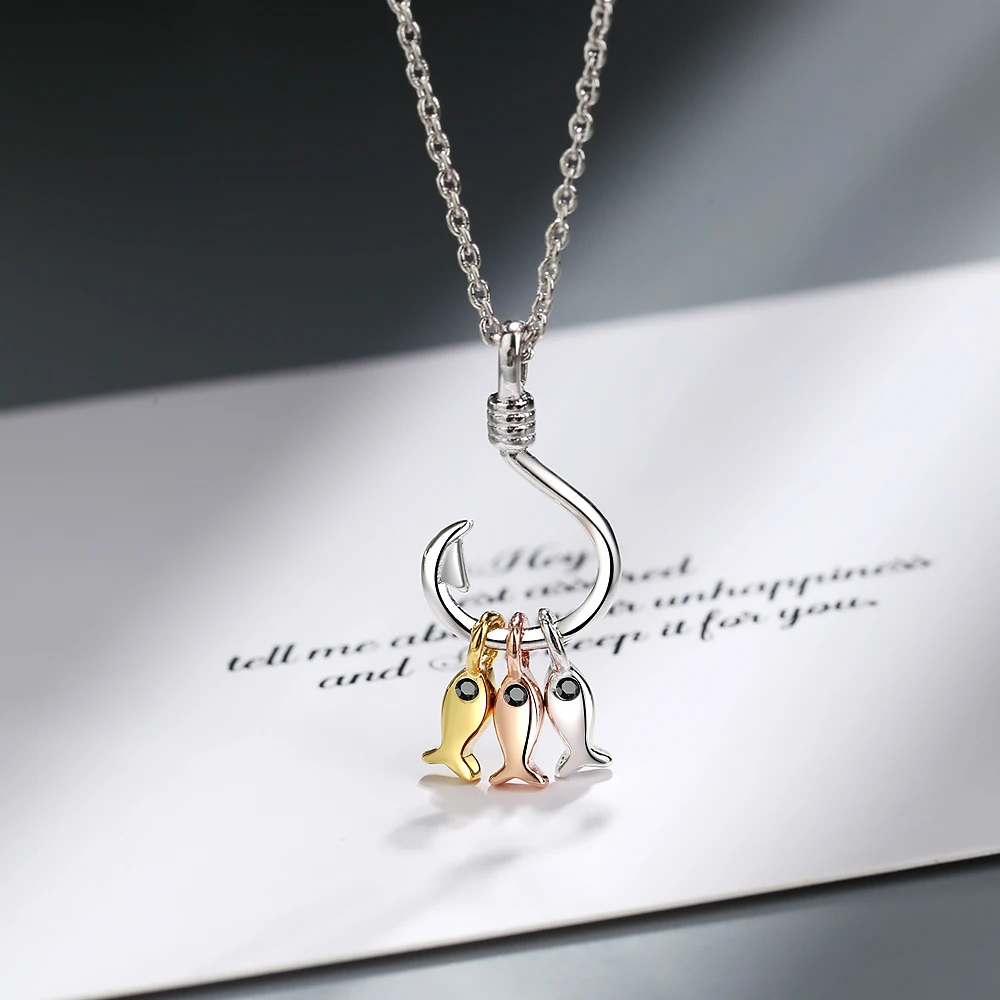 ANENJERY 925 Sterling Silver Necklace For Women Cute Fish and Fish Hook Necklace Chain Jewelry S-N376