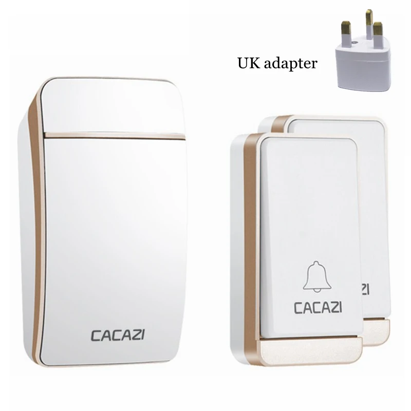 Gold 2x1 UK CACAZI автономный беспроводной дверной звонок водостойкий без светодио дный батареи светодиодная вспышка Умный дом беспроводной дверной звонок 2 кнопки 1 приемник - Цвет: Gold 2x1 UK