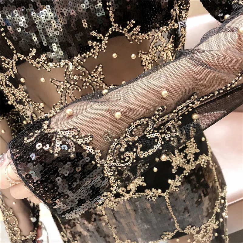 Dangal Sequin Luxury Women Dress Hip Hop Bling Heavy Beading Dress Women Dress Long Sleeve Sexy See-though Dresses For Party