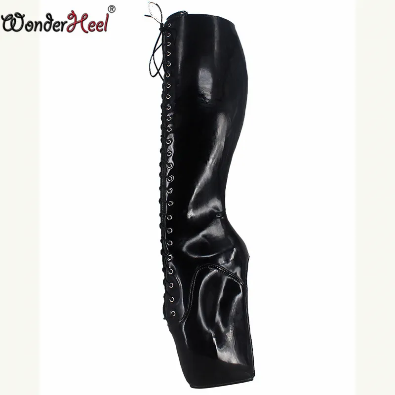 Wonderheel/новые балетные сапоги; обувь на каблуке 7 дюймов с необычным каблуком из лакированной кожи; модные пикантные сапоги до колена; Балетные сапоги - Цвет: Черный