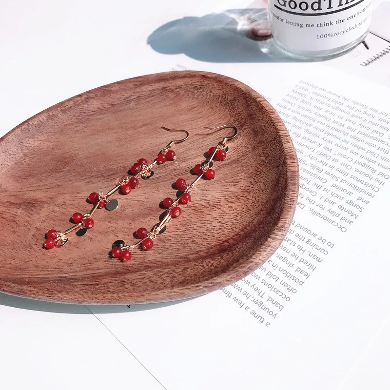 Simple Sweet Geometric Red Tassel Bead Women Dangle Earrings Small Grape Bunch Long Drop Fashion Jewelry | Украшения и аксессуары