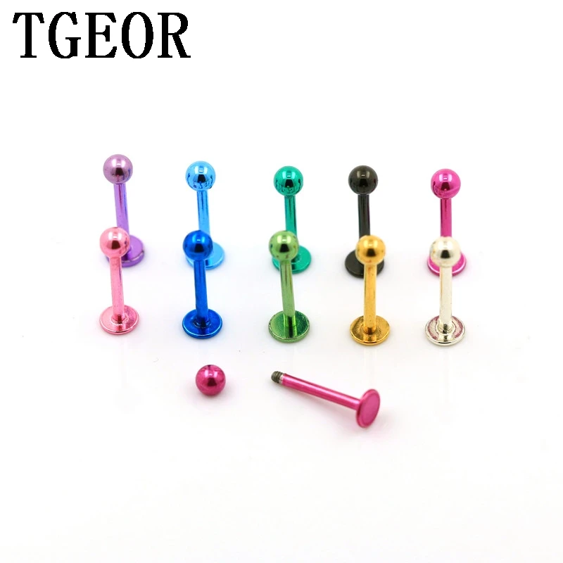 

free shipping Hot new wholesale 100pcs 1.2*10*3mm labret piercing surgical Stainless Steel Electrophoresis colors lip ring