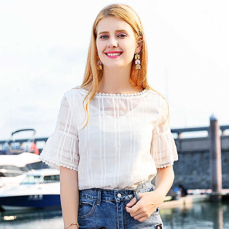 Новые летние женские Повседневная Блузка в клетку с круглым вырезом кружева
