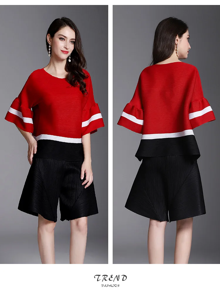 Women's Miyak pleated trumpet sleeves shirt round neck short-sleeved sunscreen shirt+ pleated wide leg casual versatile shorts