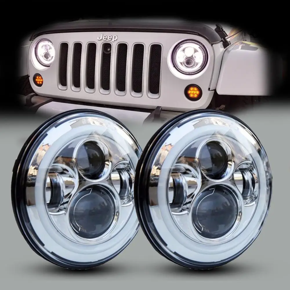 Pair 7&quot LED Headlights 60W High Low Beam H4 Halo Angel Eye Amber Turn Signal Lamp For Jeep Wrangler JK TJ CJ LJ | Автомобили и