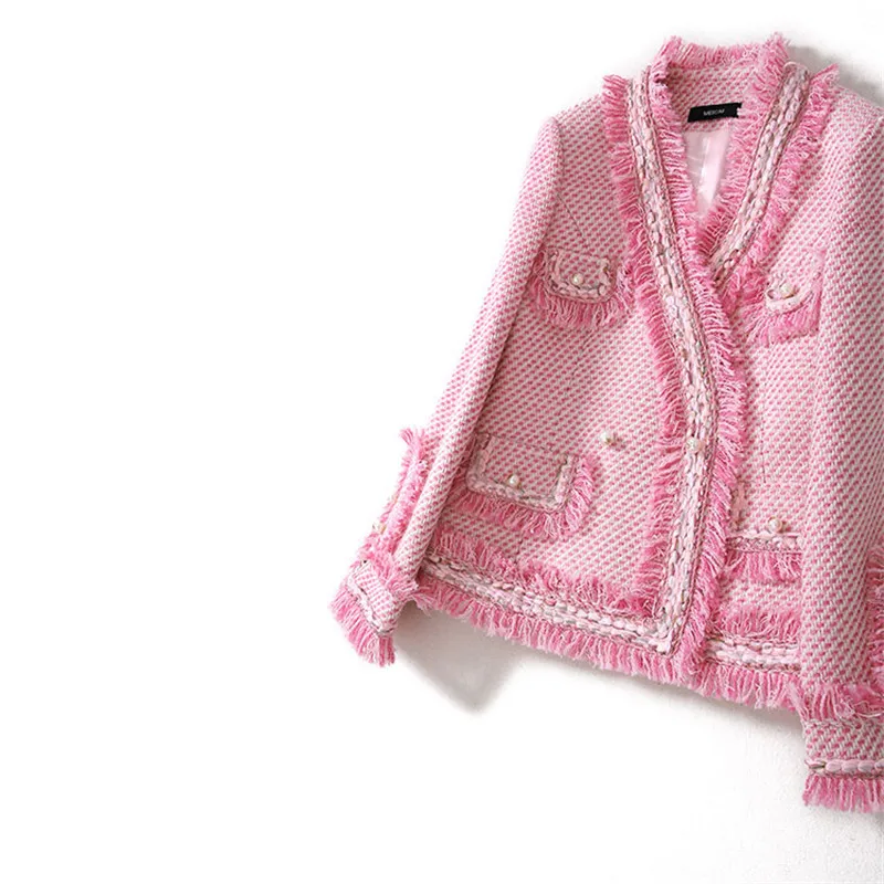 

Handmade Luxury Blazer Suits for Women Fashion Tweed V Neck Double Breasted Tassel Short Blazers Coat Pink