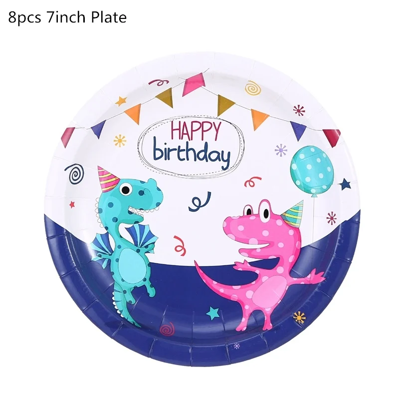 8pcs 7inch plate Вечерние одноразовые столовые приборы в виде динозавра, вечерние тарелки в стиле джунглей, Детские вечерние украшения в виде динозавра на день рождения - Цвет: 8pcs 7inch plate