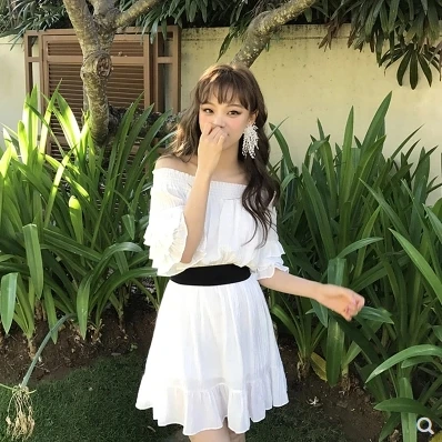 Белый Женские платья Япония каваи Ulzzang призрак лошадь девушка плечо лист рукав тонкая талия платье женский милый корейский Harajuku одежда - Цвет: Белый