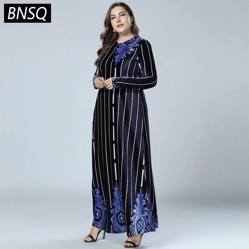 BNSQ Spring 2019 Stripe Patchwork Print Velet Dresses Navy Blue Long Sleeve Round Neck Maxi Dress Women Elegant Casual New | Женская